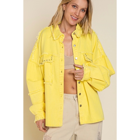 POL Yellow Raw Edge Reverse Seam Denim Shacket - Picture 8 of 8